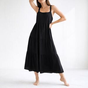 The Drop "Brit" Maxi Dress M Black Tiered Boho Adjustable Strap Sundress